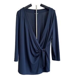 Lauren Ralph Lauren Womens 3XL Black Label Top‎ Navy Blue 3/4 Sleeve Wrap Front